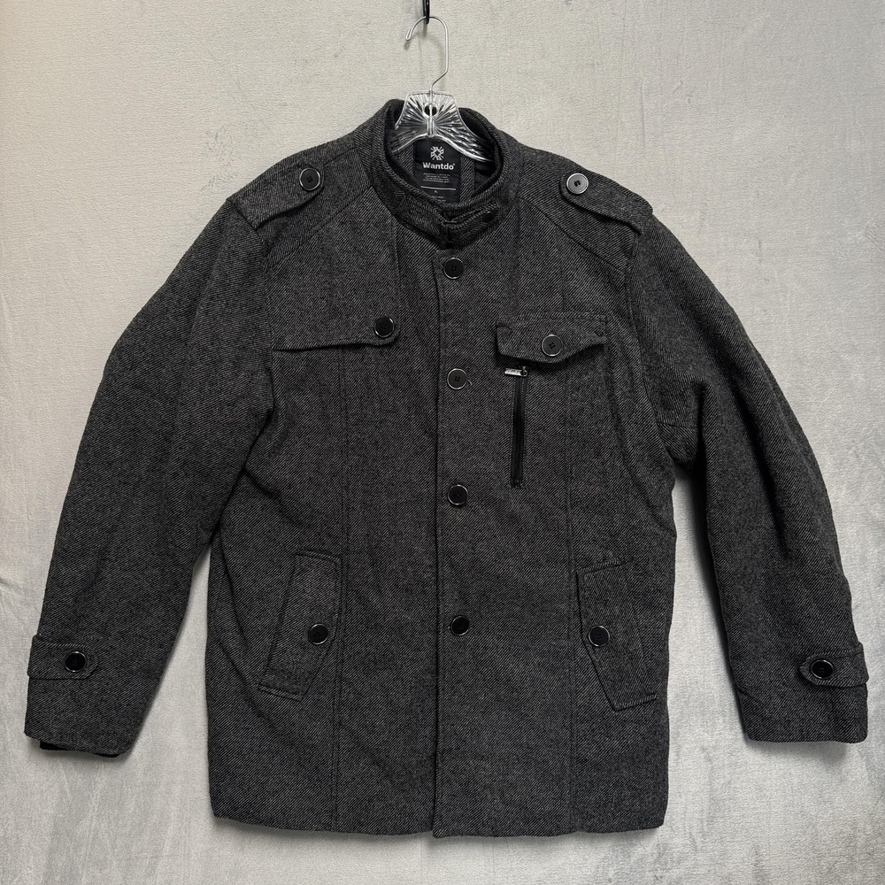 Wantdo Jacket Mens XL Gray Herringbone Military Coat Quilted Lined Pockets